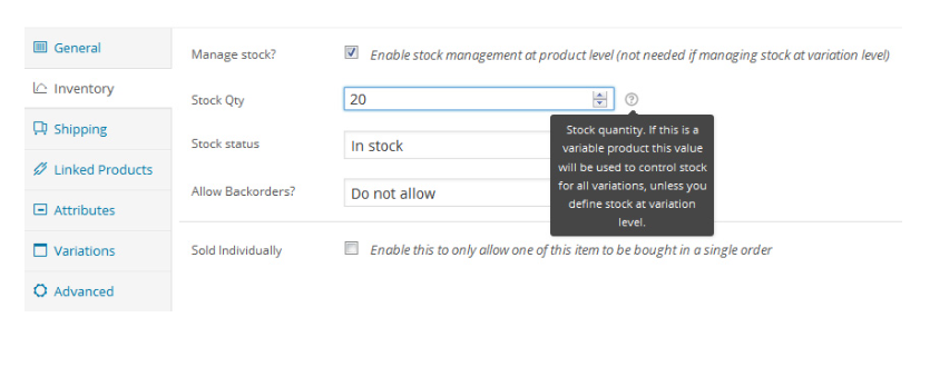 The Inventory tab in WooCommerce showing the Manage Stock option.
