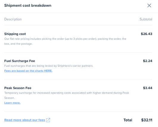 LVK Shipping Cost breakdown popup